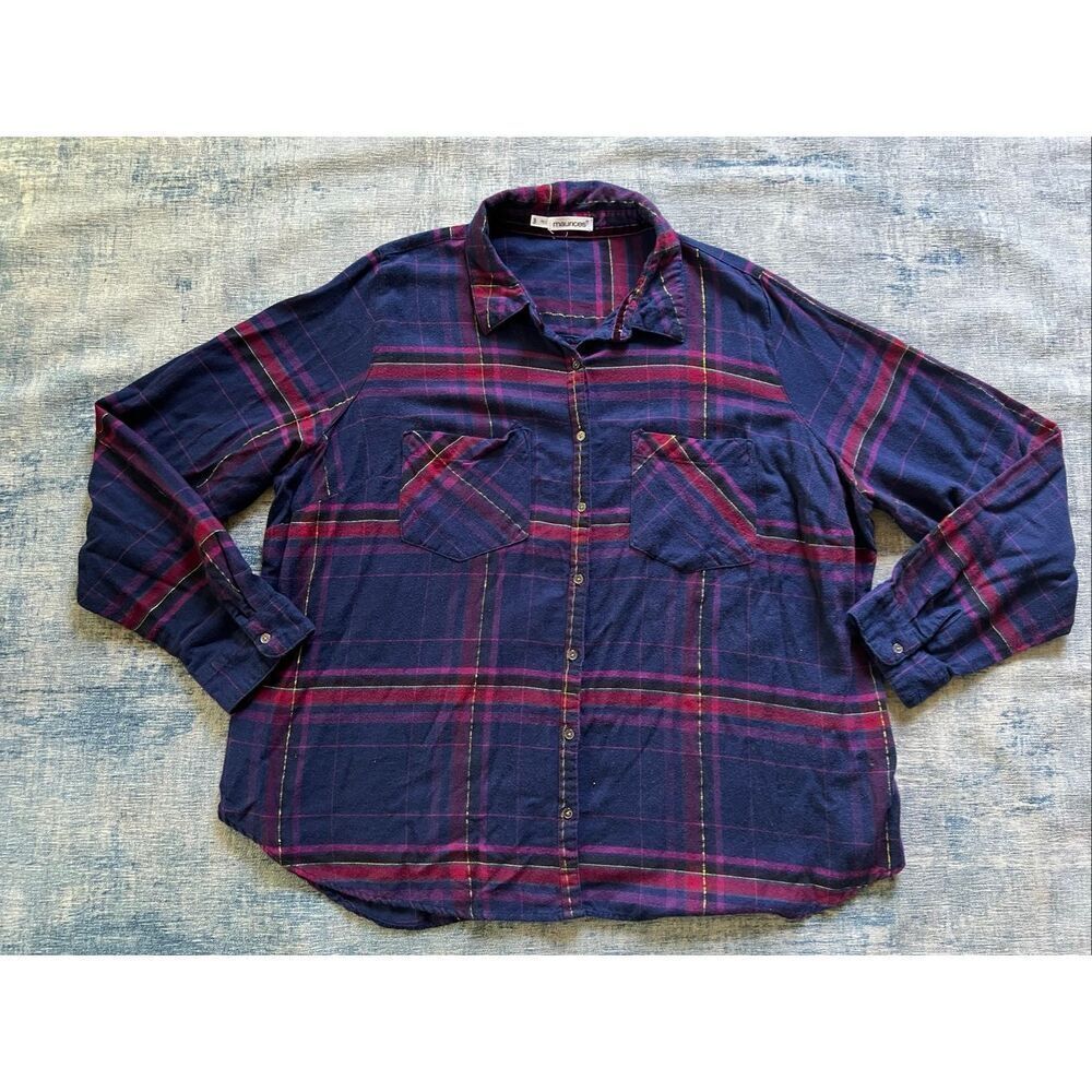 Maurices Blue Pink Metallic Gold Button Front Plaid Flannel Shirt Size 3 / 3X